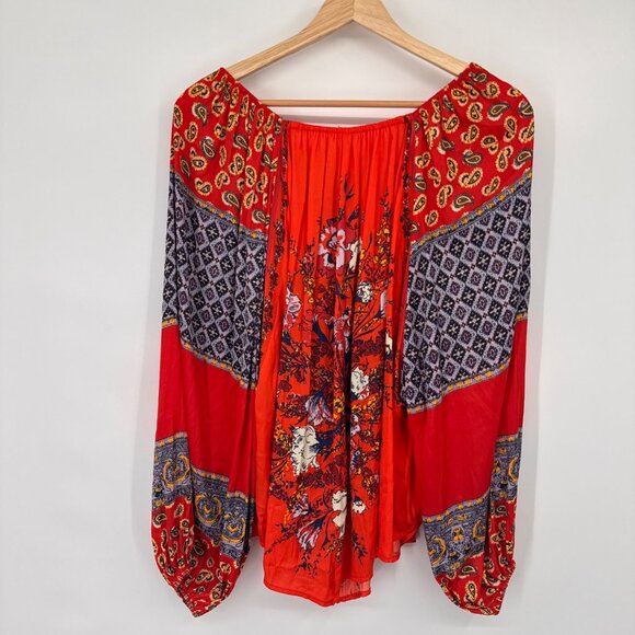 Free People  Positano Orange Patchwork Print Blouse size extra small oversized - Picture 11 of 14